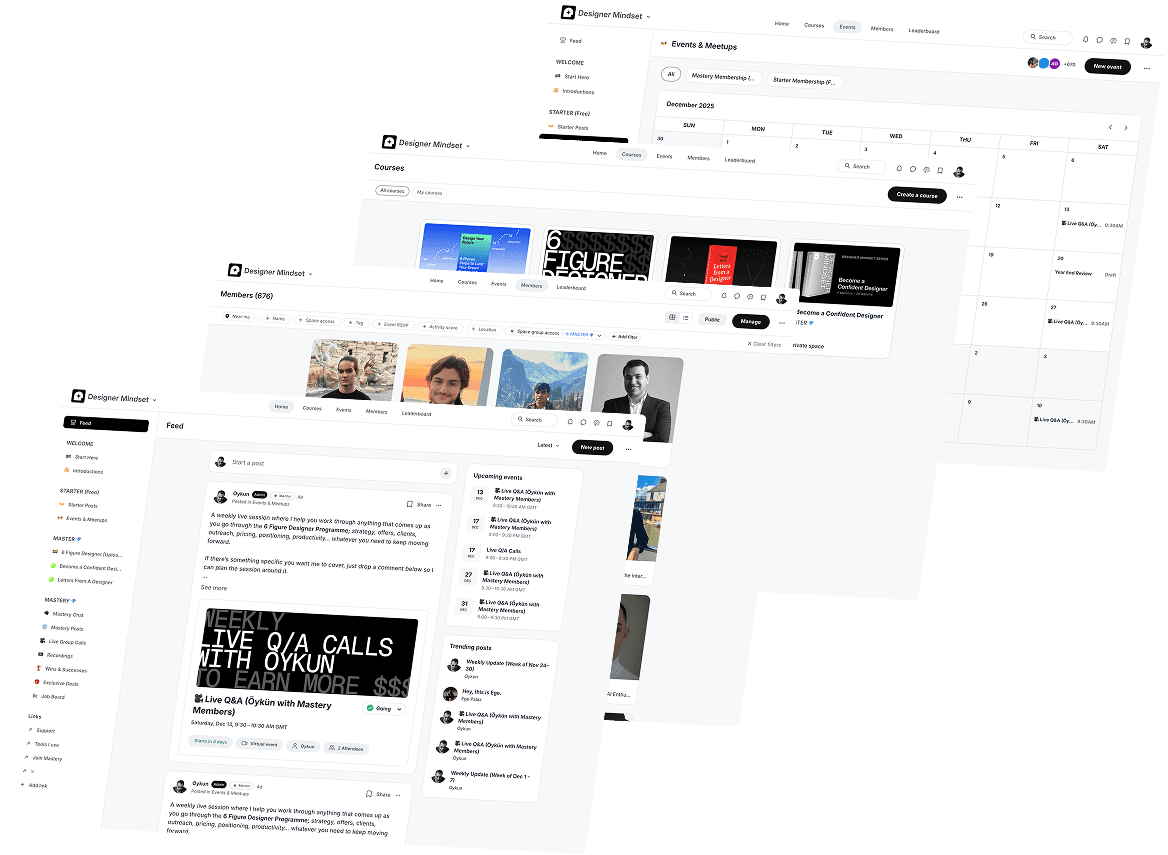 Designer Mindset community platform showing Feed, Events, Courses, and Members